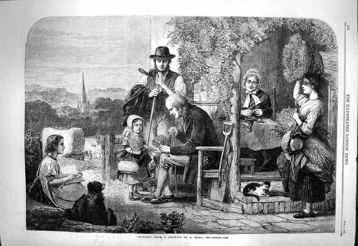 Original Old Antique Print 1863 Autumn Scene Family Home Children Hunt Fine Art