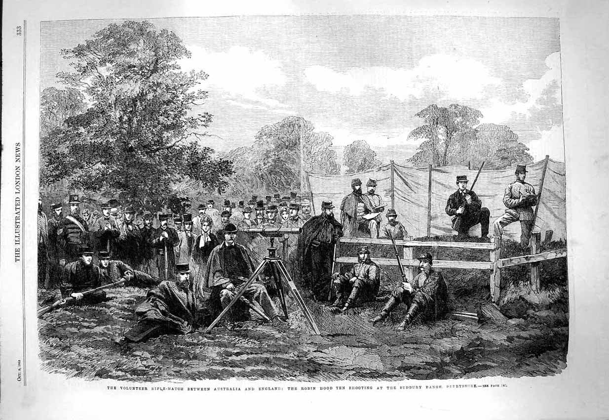 Original Old Antique Print 1863 Volunteer Rifle Match Australia England Sudbury