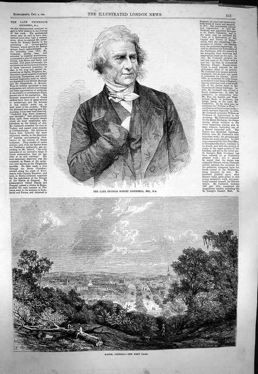 Original Old Antique Print 1863 Charles Robert Cockerbell View Macon Georgia