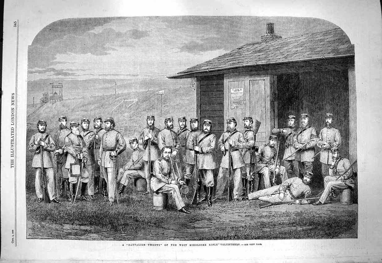 Original Old Antique Print 1863 Battalion Twenty Middlesex Rifle Voluntee 19th