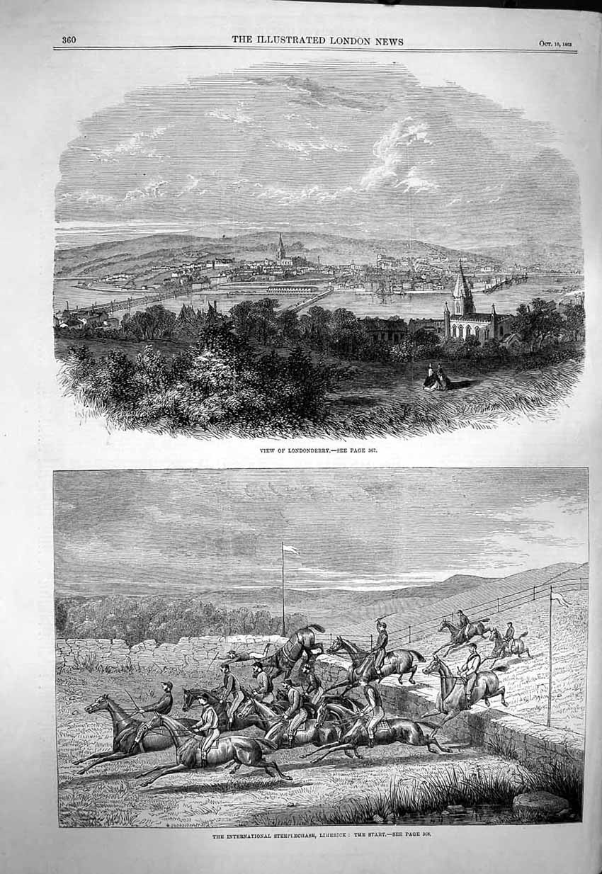 Original Old Antique Print 1863 View Londonderrby Ireland Steeplechase Limerick