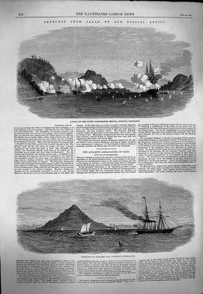 Original Old Antique Print 1863 Japan Attack Dutch Ship Medusa Kagosimi Satzuma