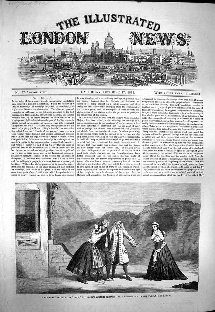 Original Old Antique Print 1863 Scene Drama Leah Adelphi Theatre Lorrenz 19th