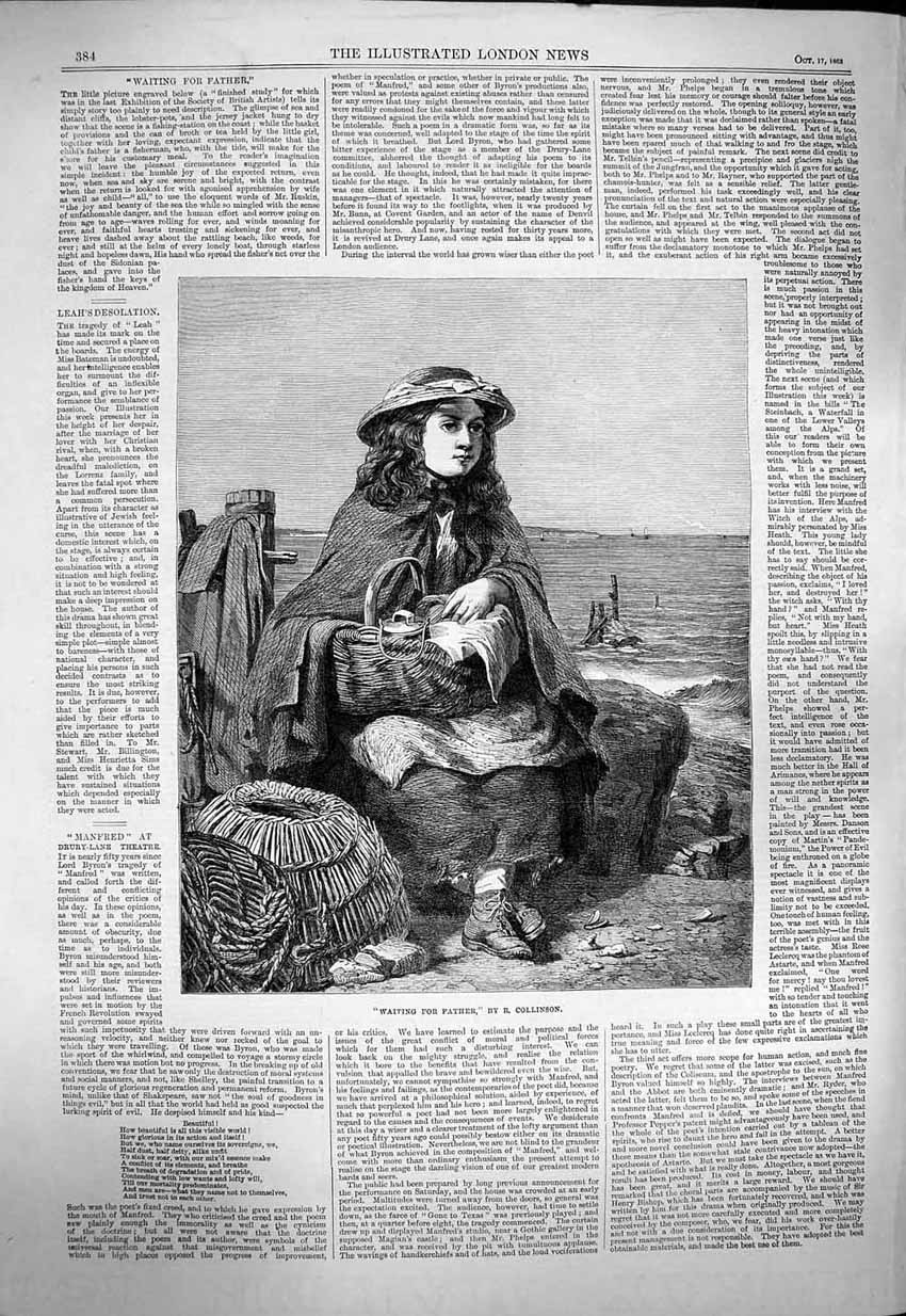 Old Antique Print 1863 Collinson Art Little Girl Waiting For Father Beach 19th