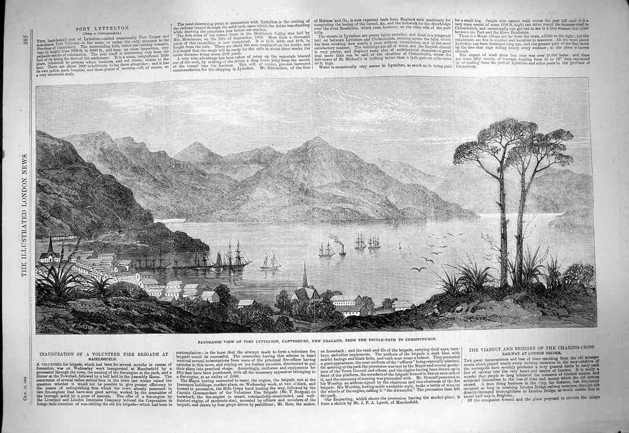 Original Old Antique Print 1863 Panoramic View Port Lyttelton Canterbury 19th