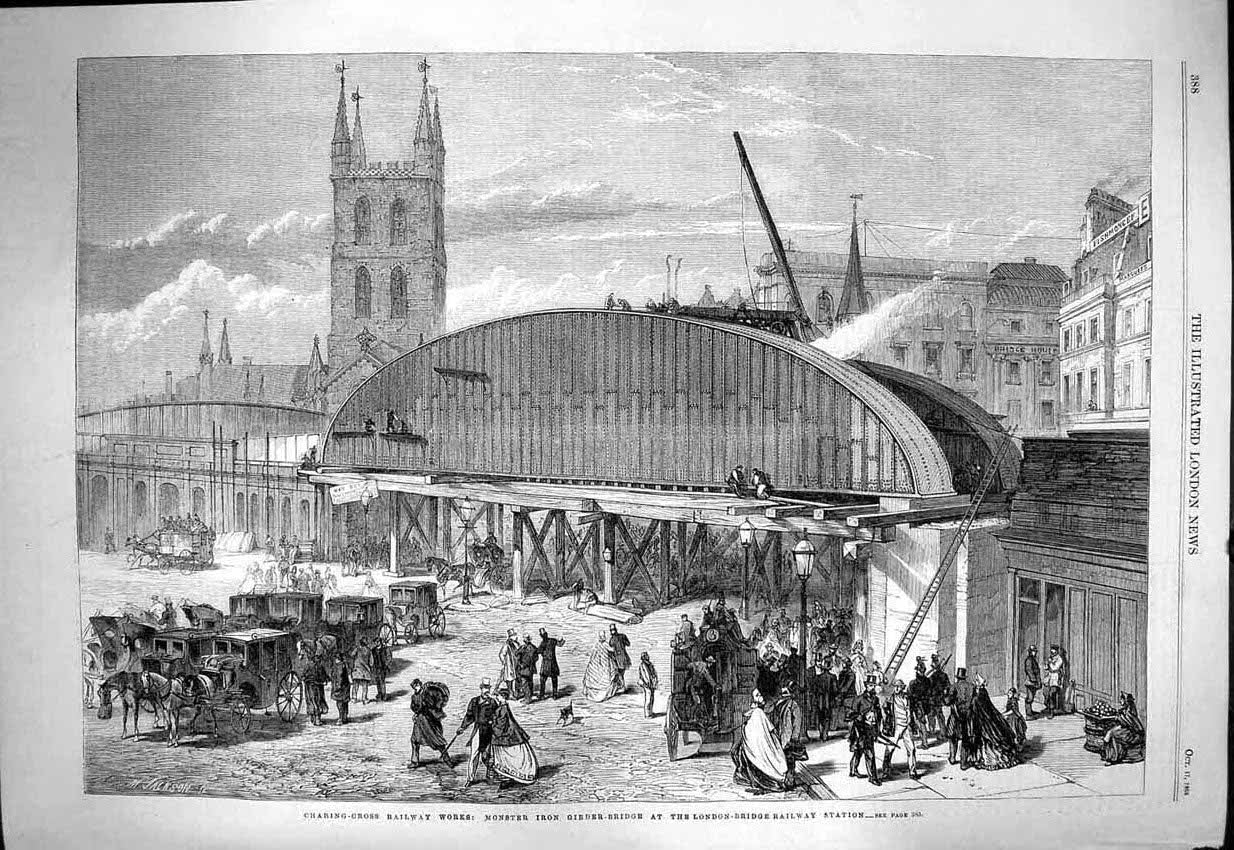 Original Old Antique Print 1863 Charing Cross Railway Works Iron Girder Bridge