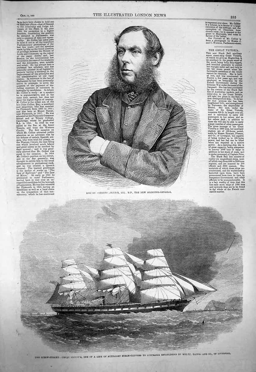 Old Antique Print 1863 Robert Forrett Collier Screw-Steamer Ship Victoria 19th