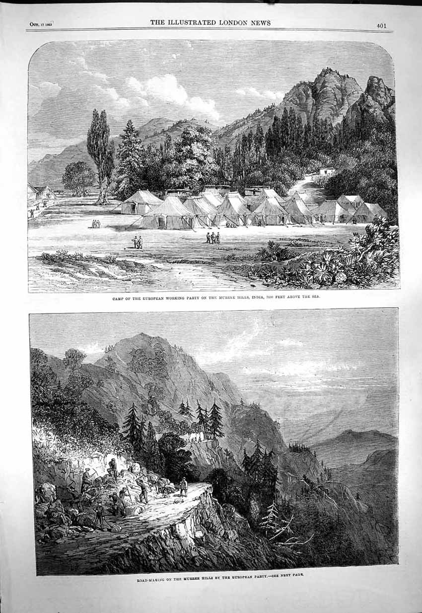Original Old Antique Print 1863 Camp Murree Hills India Road Making Europeans