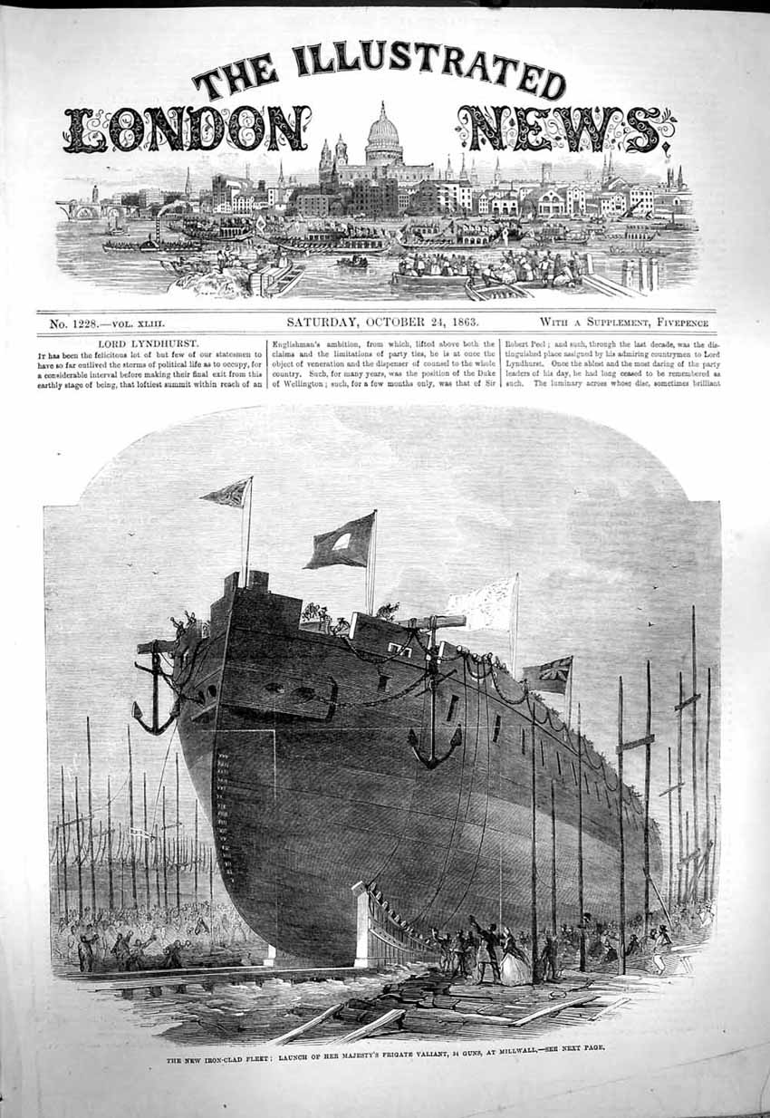 Original Old Antique Print 1863 Iron Clad Ship Queen Frigate Valiant Millwall