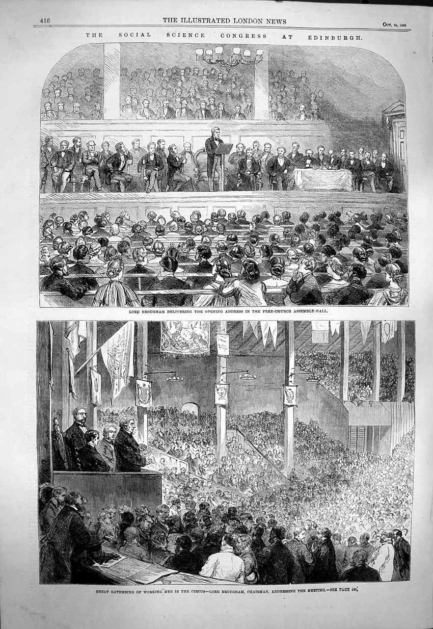 Original Old Antique Print 1863 Lord Bourgham Free Church Assembly Working Men