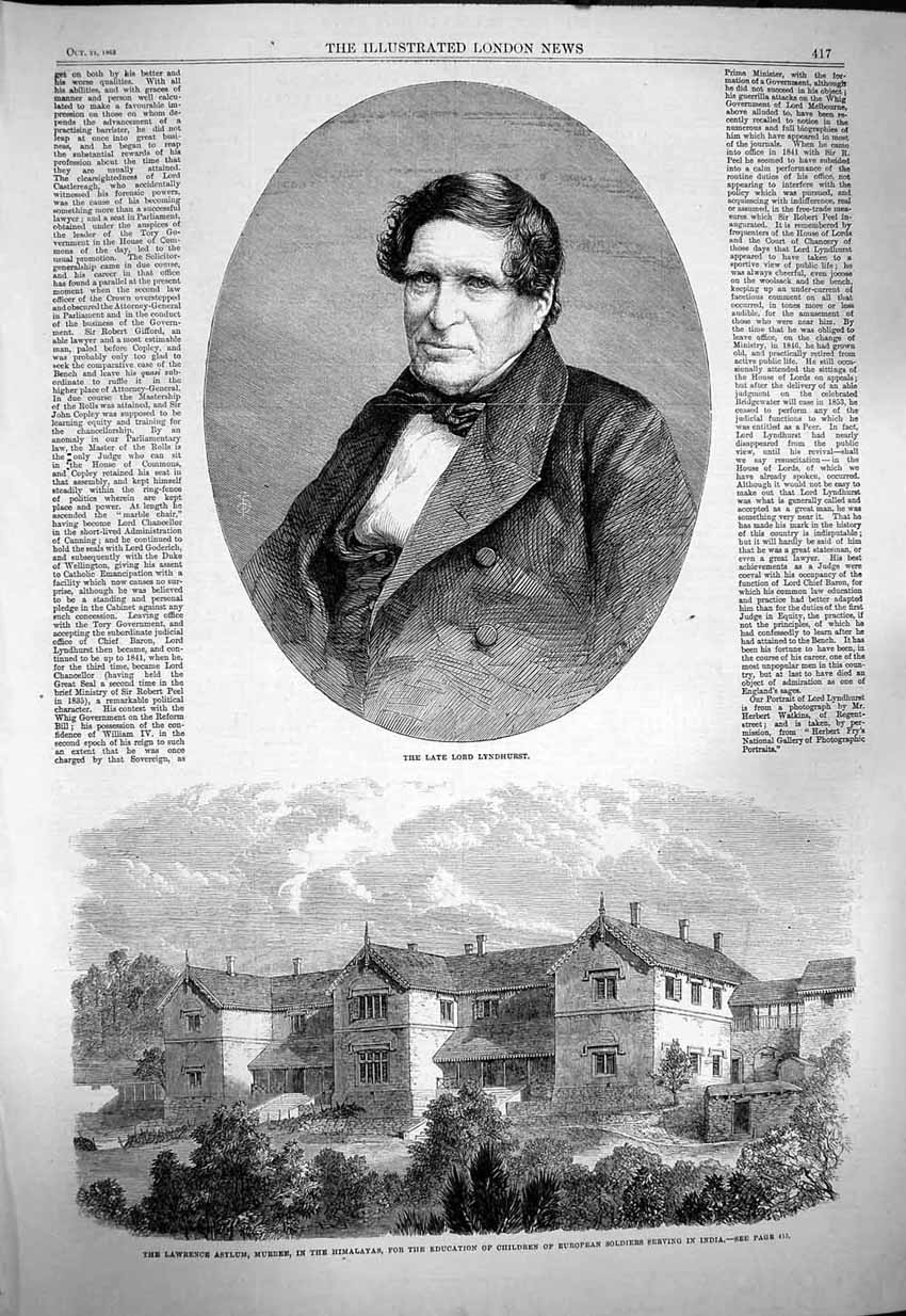 Original Old Antique Print 1863 Lord Lyndhurst Lawrence Asylum Himalayas Murree