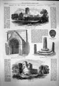 Original Old Antique Print 1863 Fountains Abbey Leeds Saxon Pontefract Castle