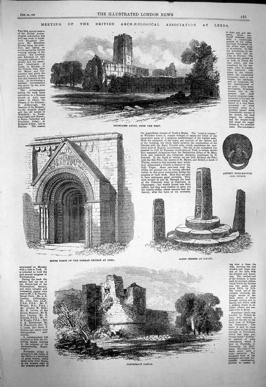 Original Old Antique Print 1863 Fountains Abbey Leeds Saxon Pontefract Castle