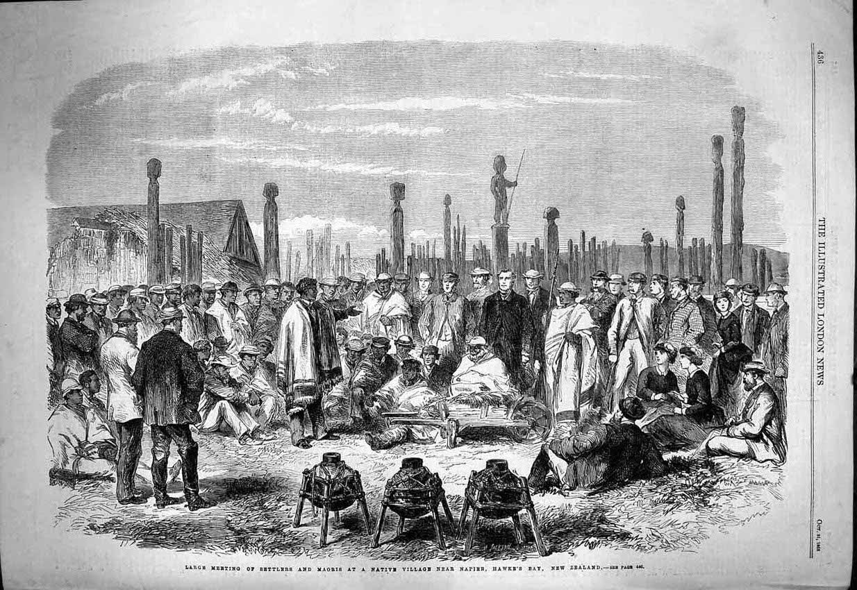 Original Old Antique Print 1863 Meeting Settlers Maoris Napier Hawkes New 19th
