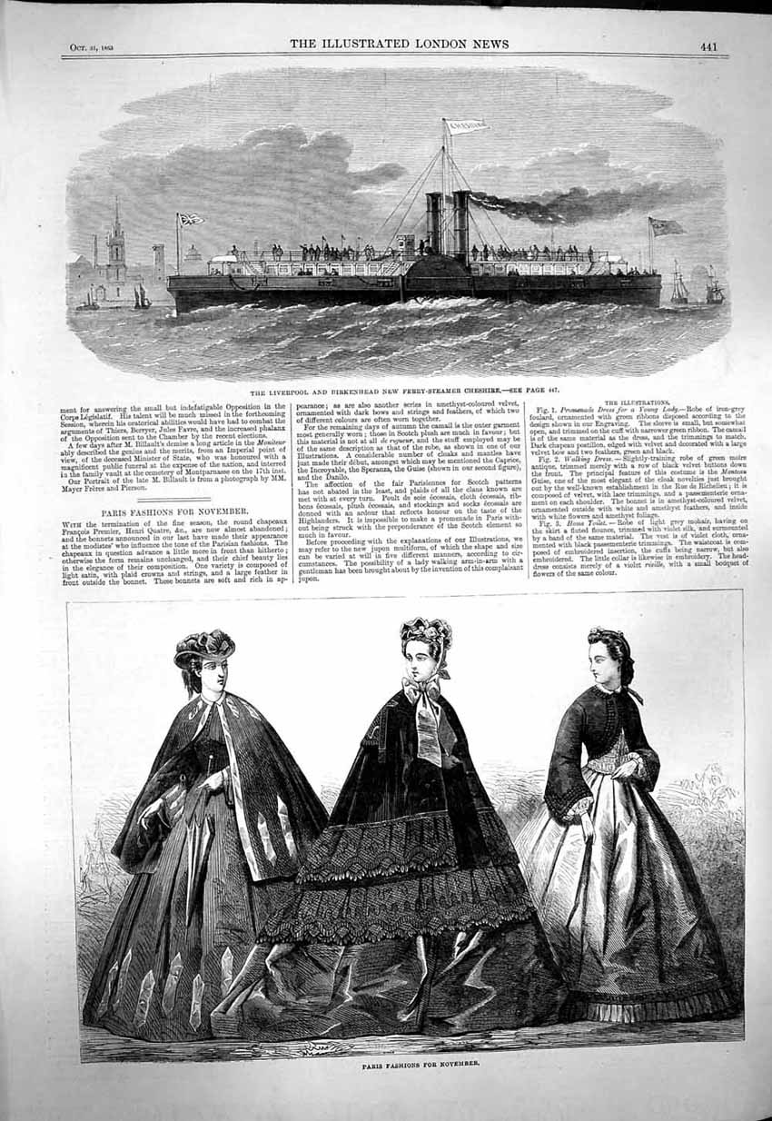 Old Antique Print 1863 Liverpool Birkenhead Ferry-Steamer Cheshire Paris 19th