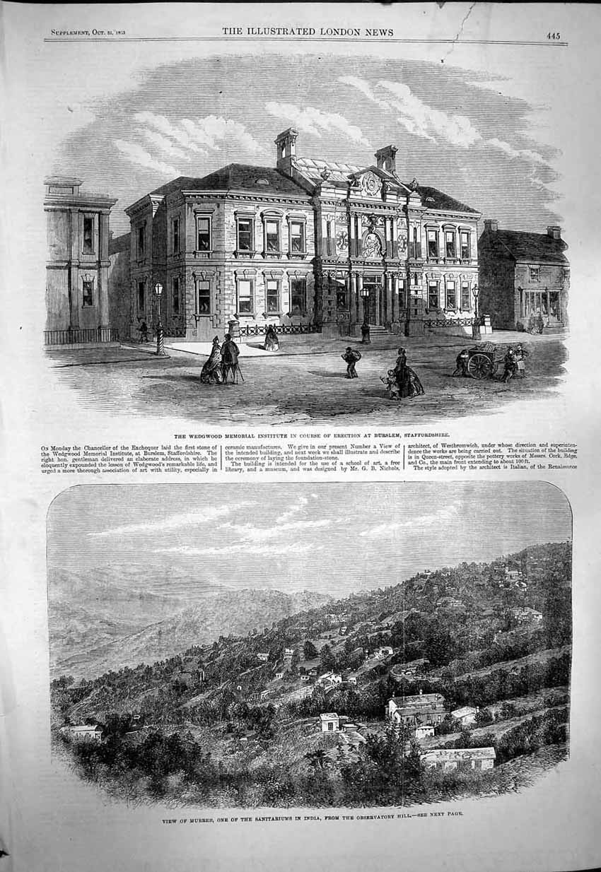 Antique Print *3807 1863 Wedgwood Memorial Burslem Murree India Sanitarium