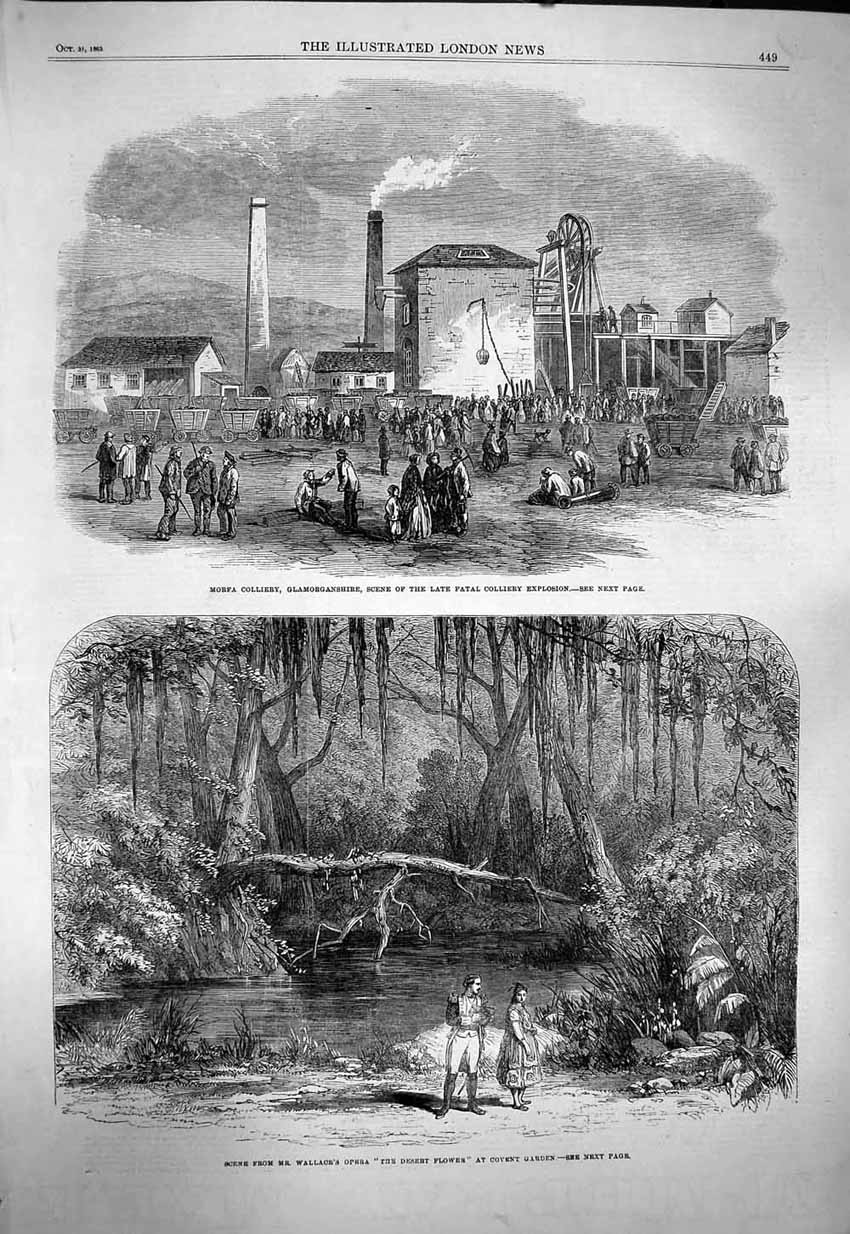Original Old Antique Print 1863 Morfa Colliery Glamorganshire Wallace Theatre