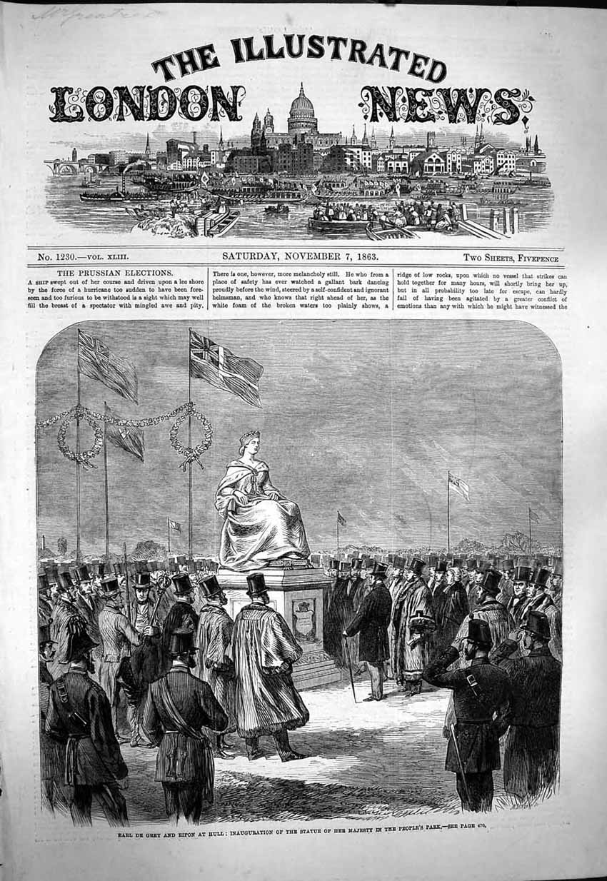 Old Antique Print 1863 Earl De Grey Ripon Hull Statue Queen People'S Park 19th