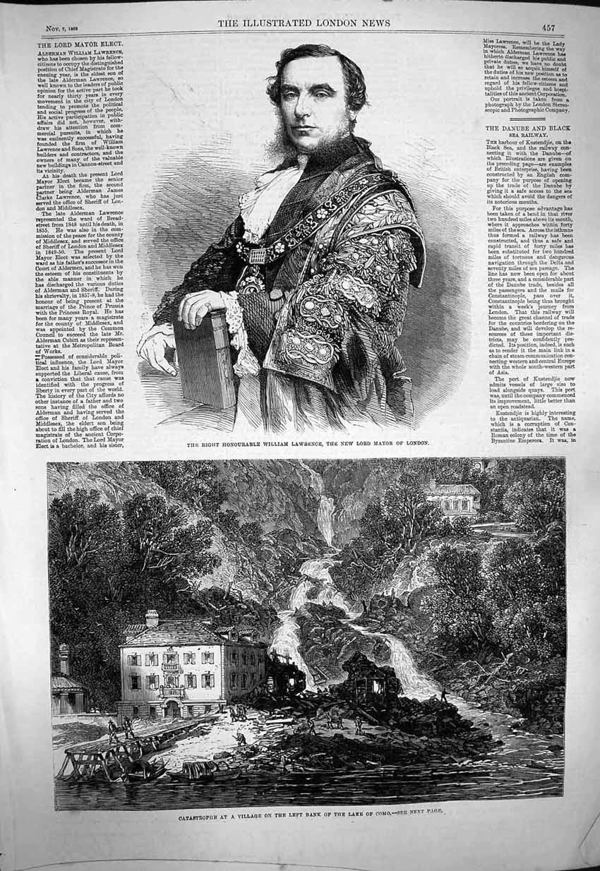 Original Old Antique Print 1863 William Lawrence Mayor London Lake Como Village