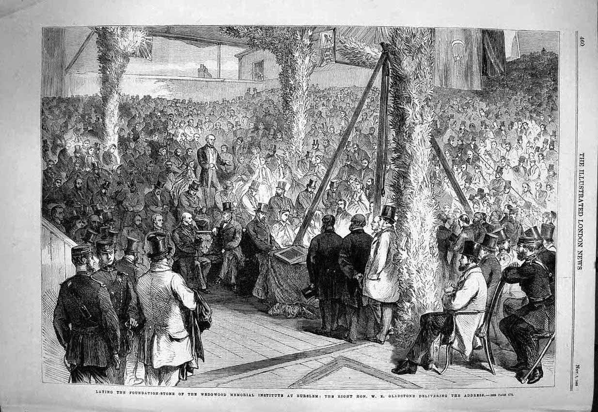 Original Old Antique Print 1863 Foundation Wedgwood Memorial Burslem Gladstone