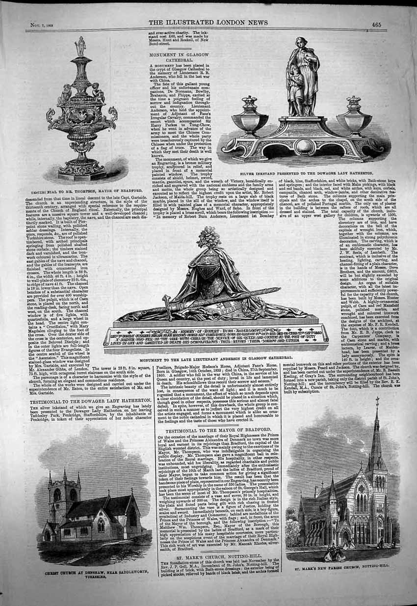 Old Antique Print 1863 Silver Inkstand Anderson Glasgow Cathedral Church 19th