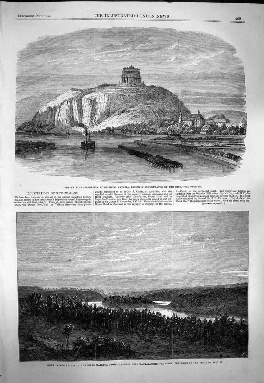 Original Old Antique Print 1863 Hall Liberation Kelheim Bavaria River Waikato