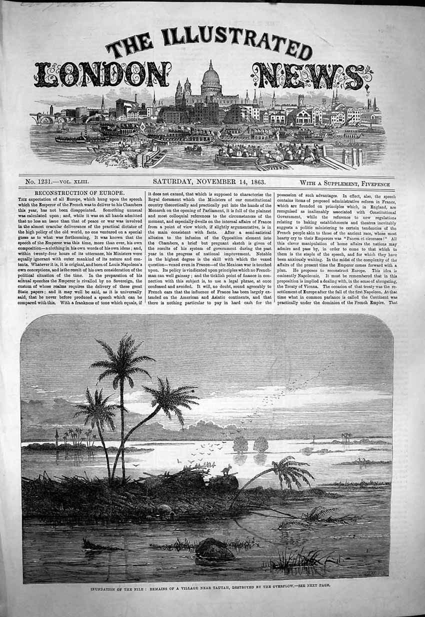 Original Old Antique Print 1863 Floods River Nile Village Tautah Inundation
