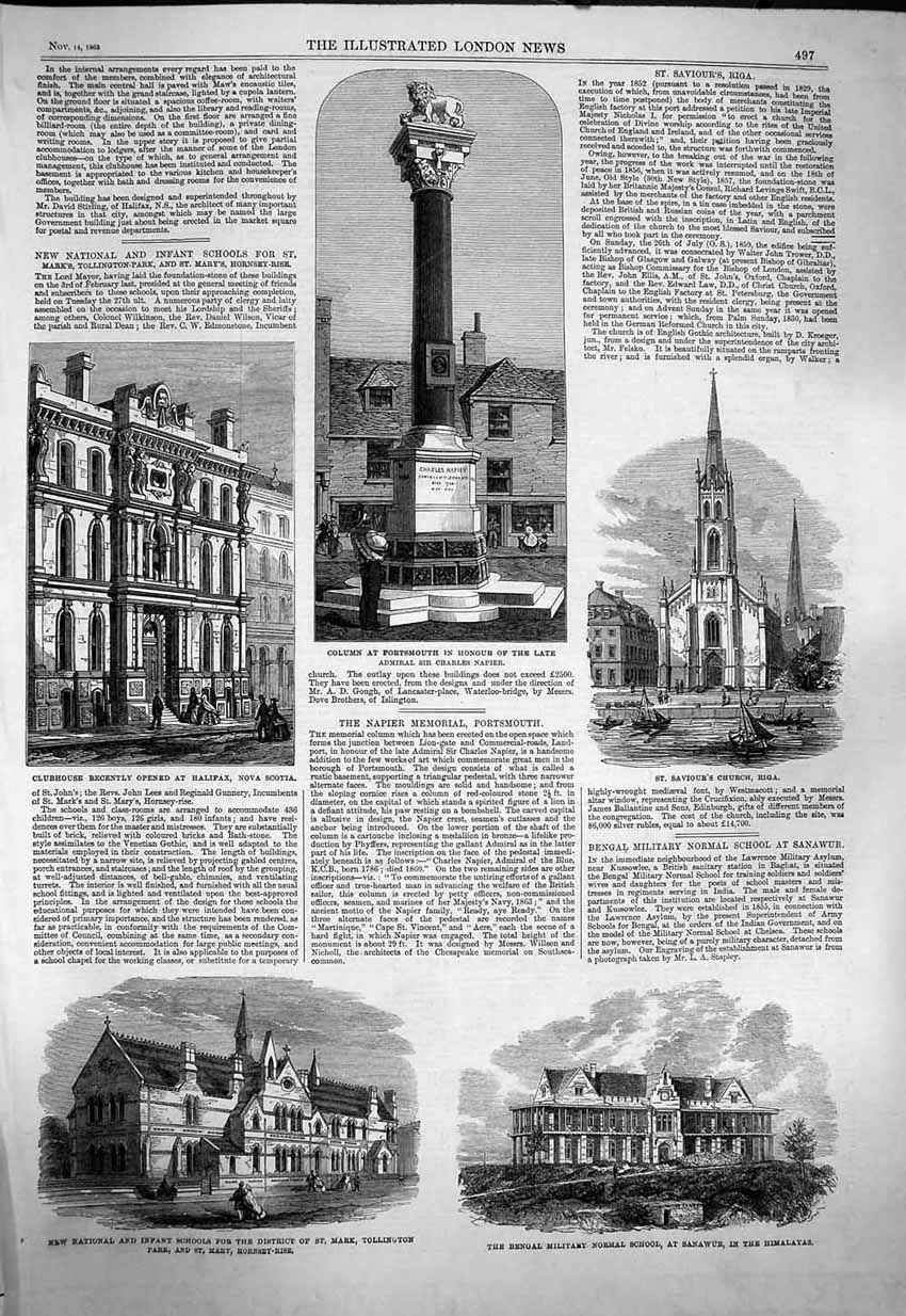 Old Antique Print 1863 School Himalayas Tollington Column Portsmouth Riga 19th