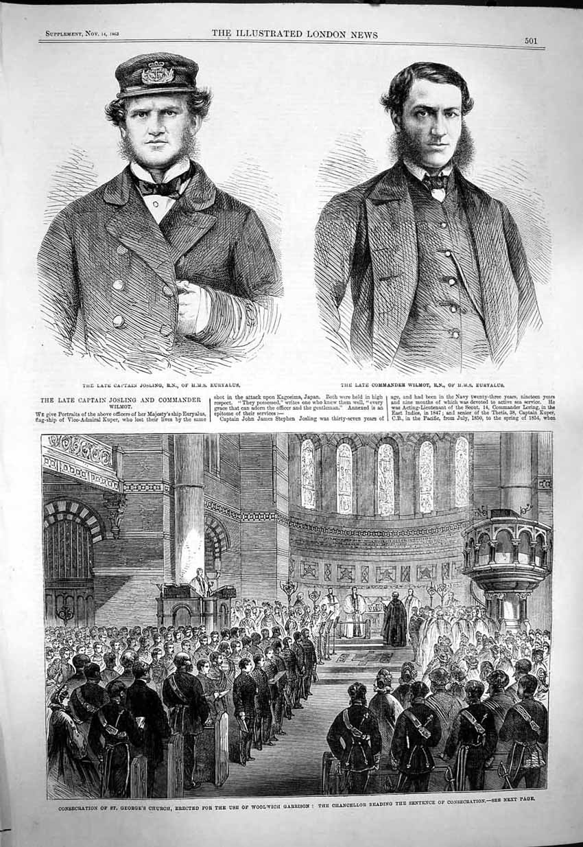 Old Antique Print 1863 Captain Josling Commander Wilmot George'S Church 19th