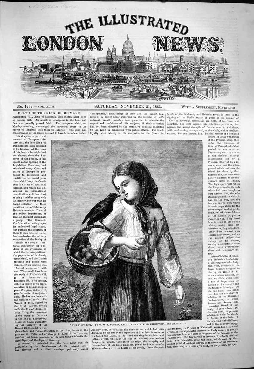 Original Old Antique Print 1863 First Bite Fruit Girl Blackbird Dobson Fine Art