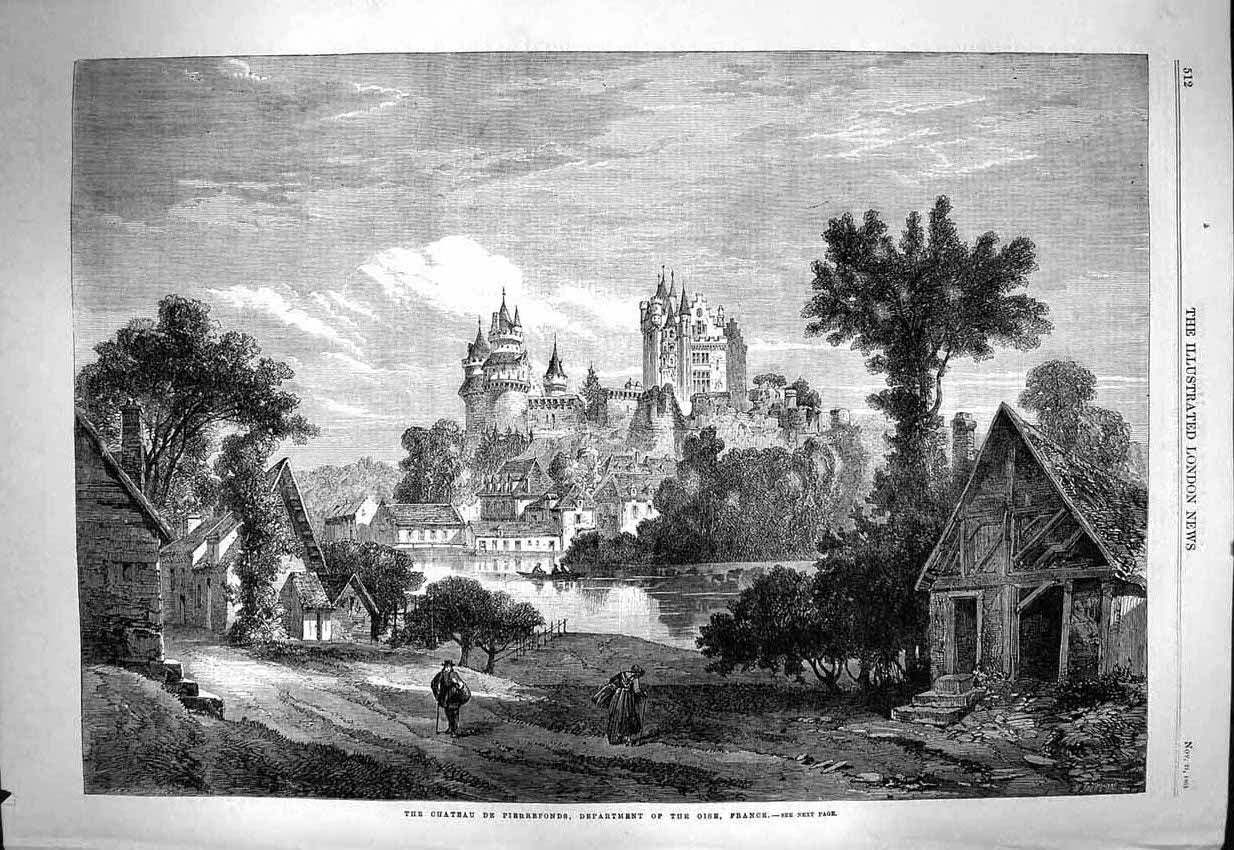 Old Antique Print 1863 Chateau De Pierrefonds Oise River France Fine Art 19th