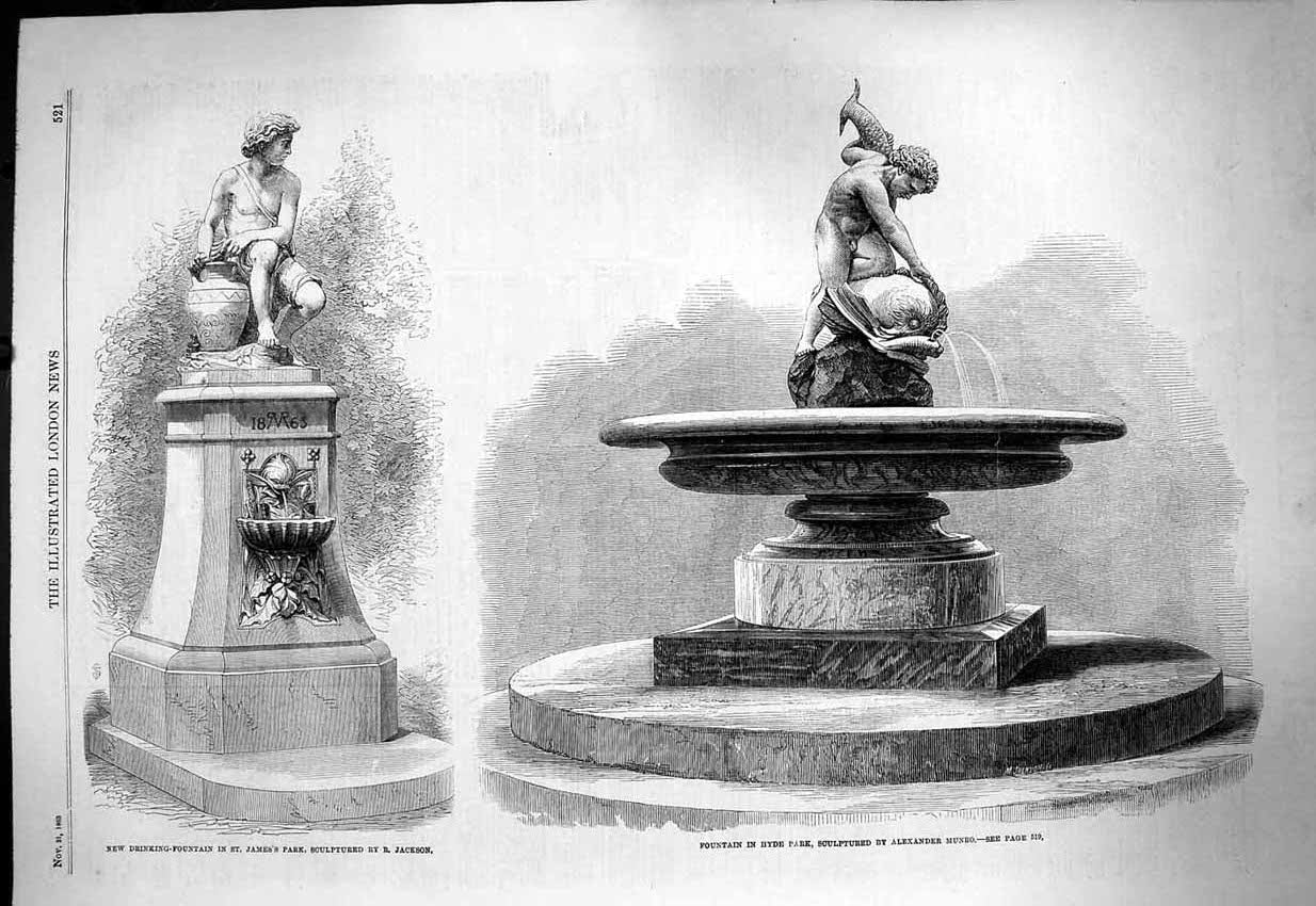 Original Old Antique Print 1863 Drinking Fountain James'S Park Hyde Park Munro