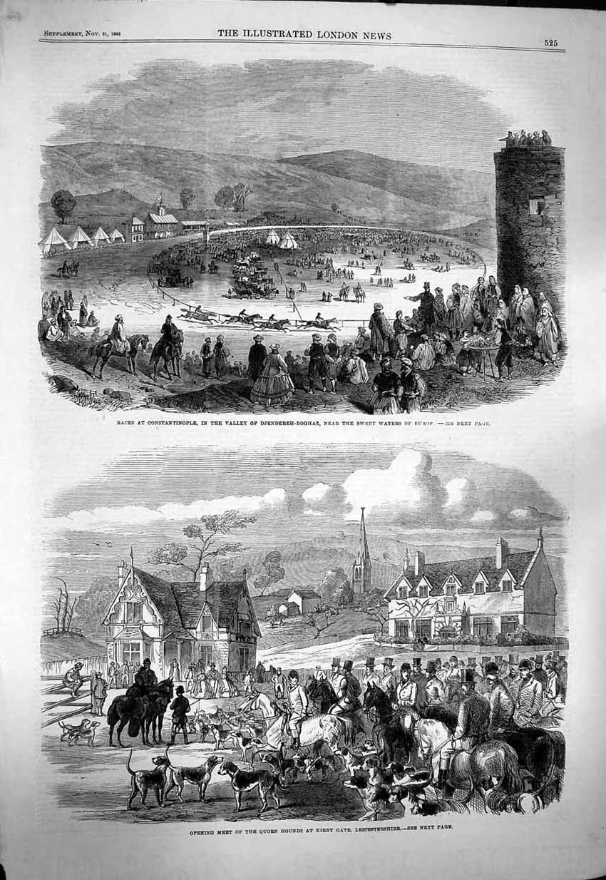 Original Old Antique Print 1863 Horse Racing Constantinople Hunting Kirby Gate
