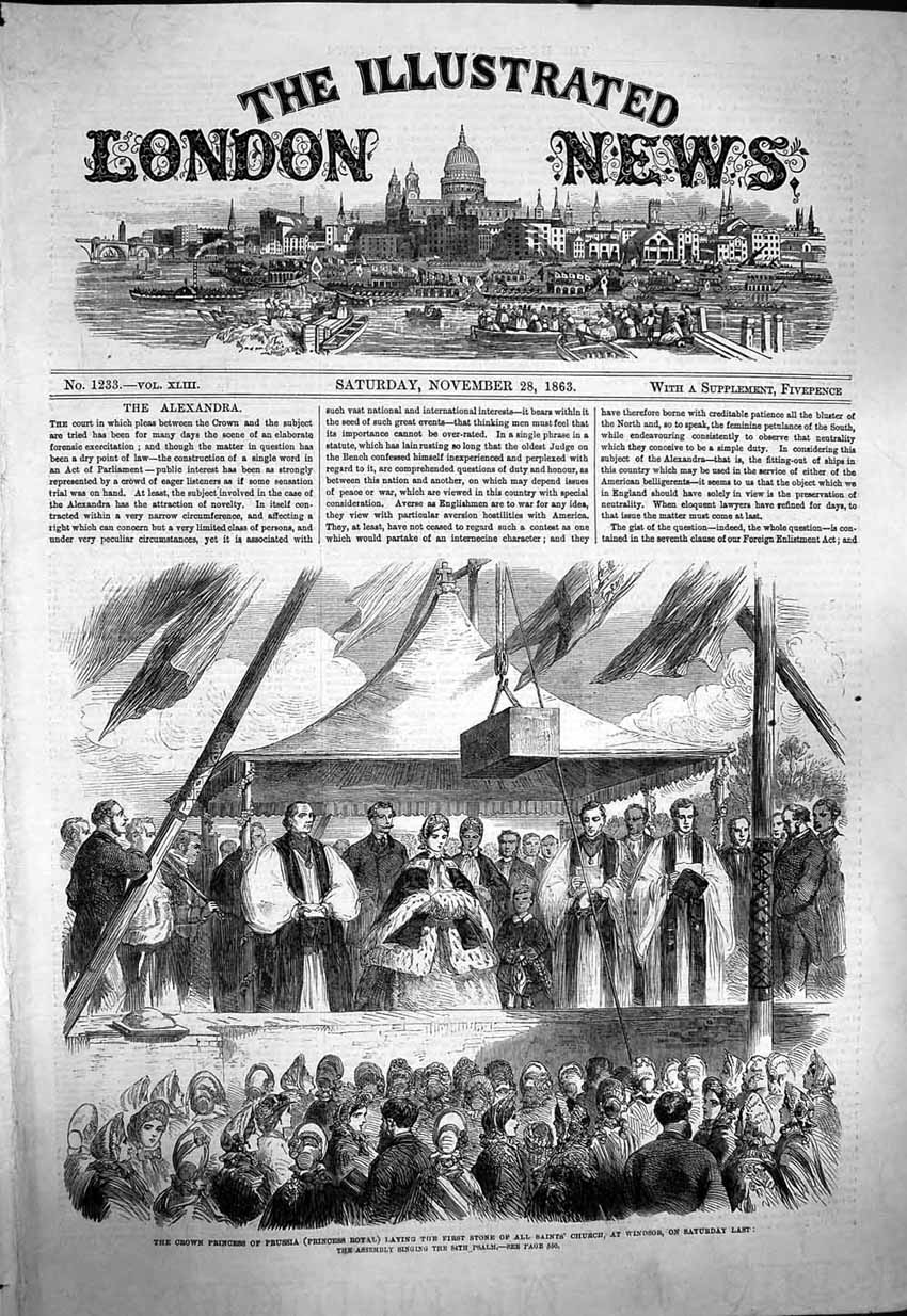 Old Antique Print 1863 Crown Princess Prussia All Saintc Church Windsor 19th