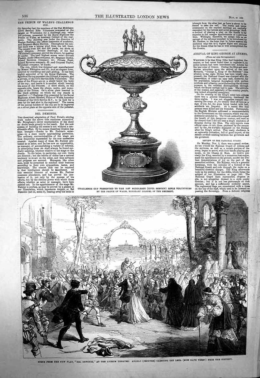 Original Old Antique Print 1863 Scene Play Bel Demonio Lyceum Theatre Rifle Cup