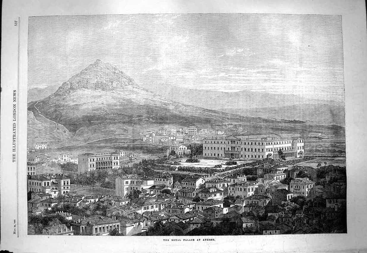 Original Old Antique Print 1863 Royal Palace Athens View Mountains Victorian