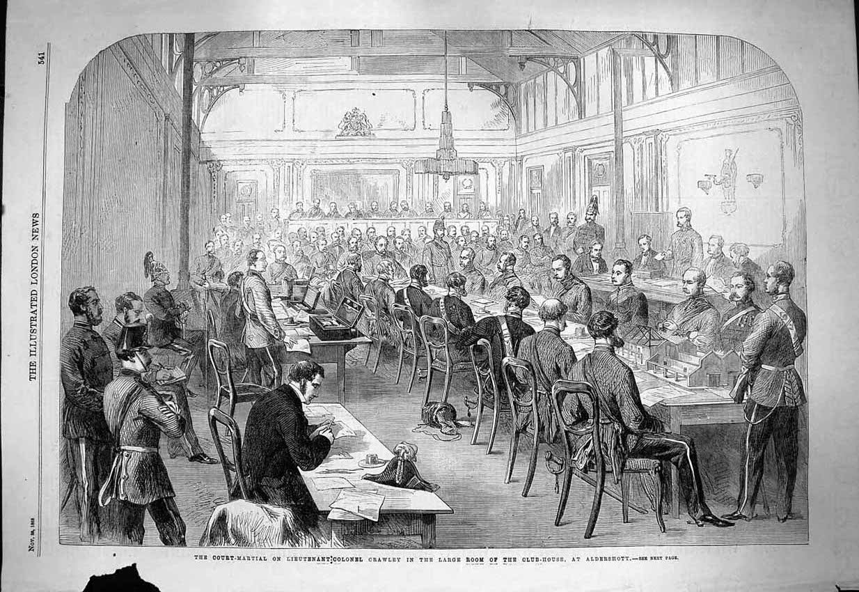 Old Antique Print 1863 Court Martial Lieutenant Colonel Crawley Aldershot 19th