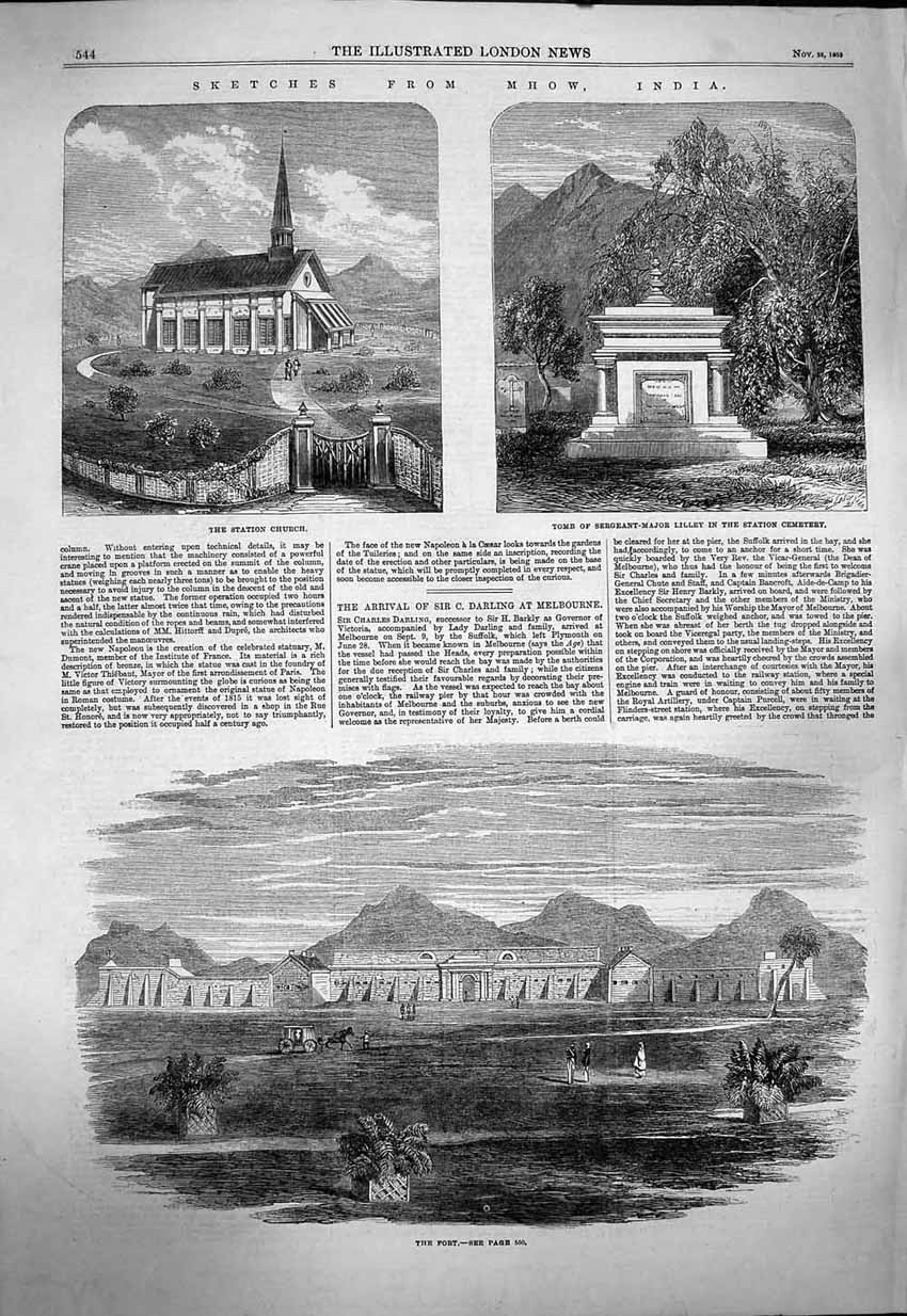 Old Antique Print 1863 Mhow India Fort Tomb Major Lilley Station Church 19th