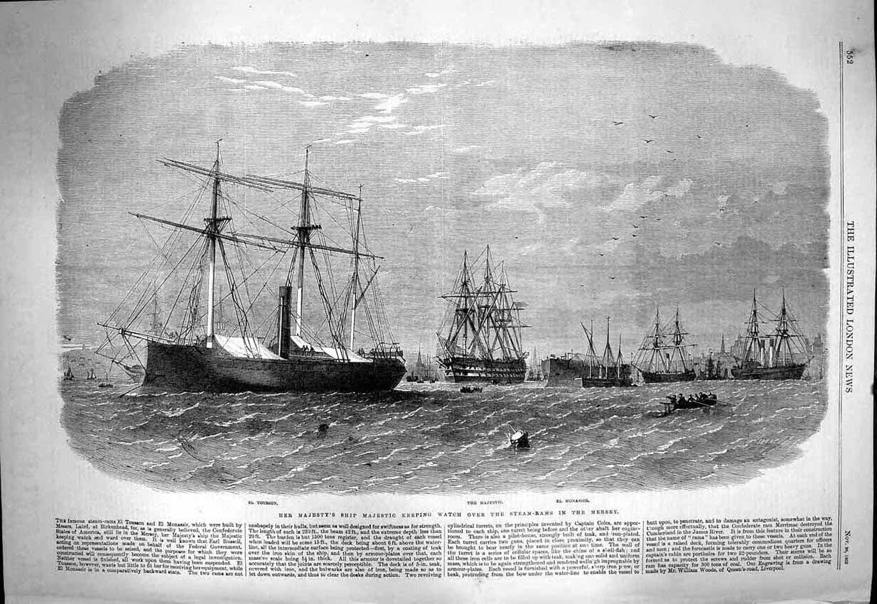 Original Old Antique Print 1863 Queen Ship Majestic Mersey El Tousson M 19th