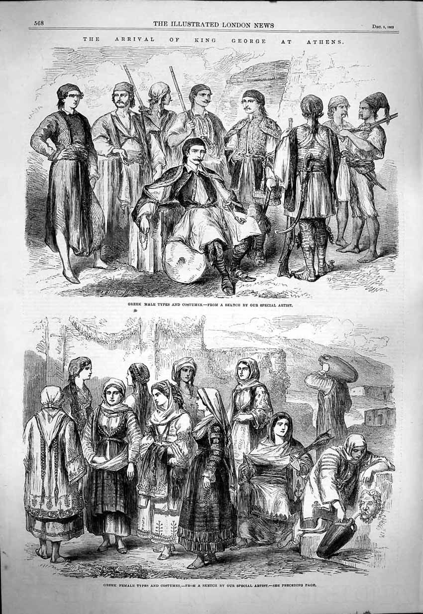 Original Old Antique Print 1863 King George Athens Greek Costumes Victorian
