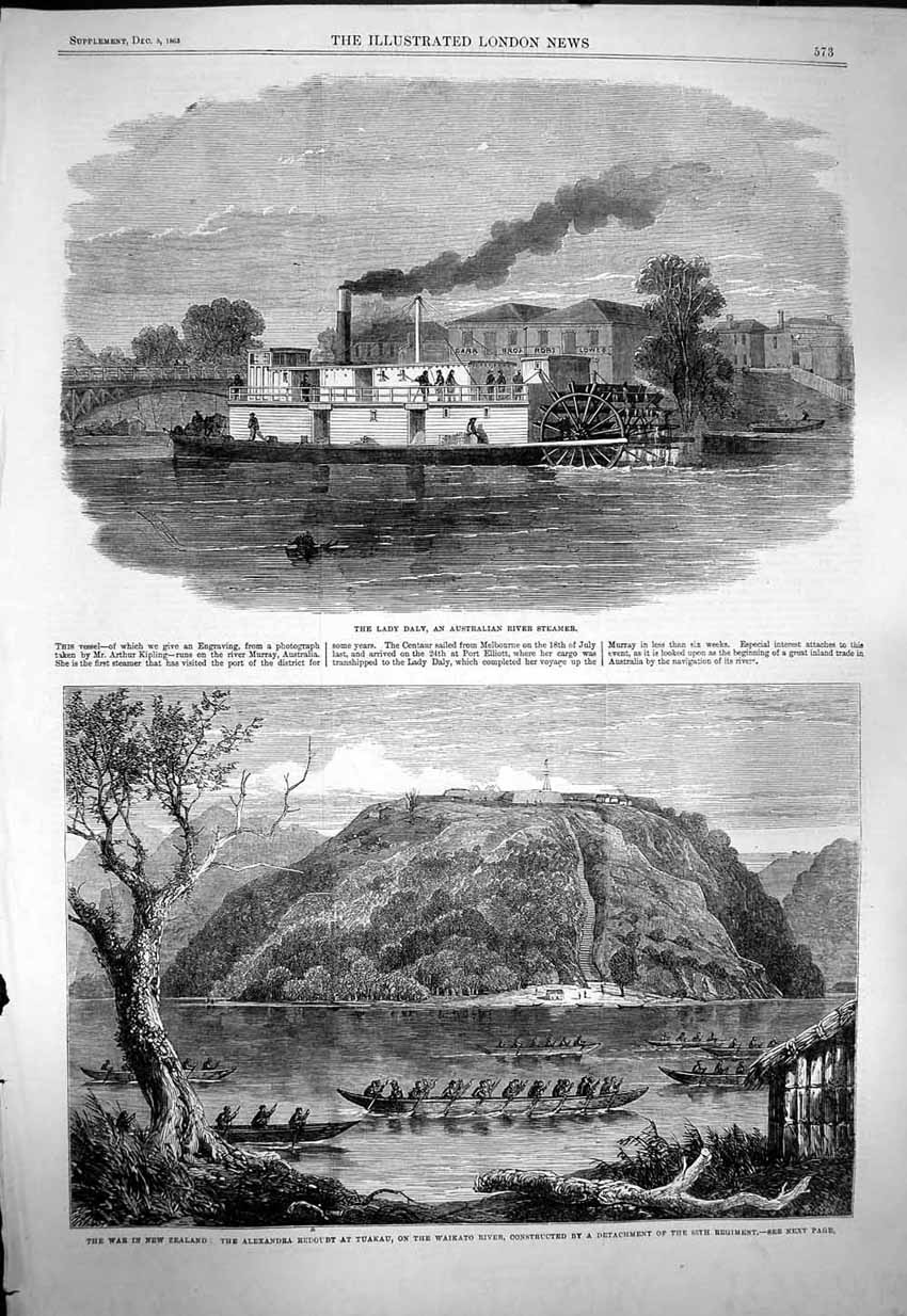 Old Antique Print 1863 Lady Daly Australian River Steamer Tuakau Zealand 19th