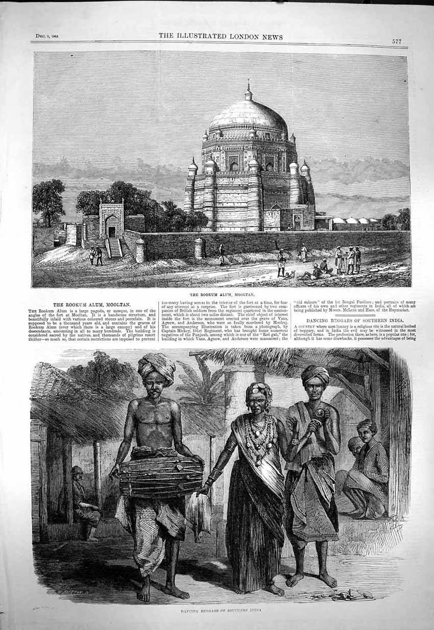 Original Old Antique Print 1863 Rookum Alum Mooltan Dancing Beggars India 19th