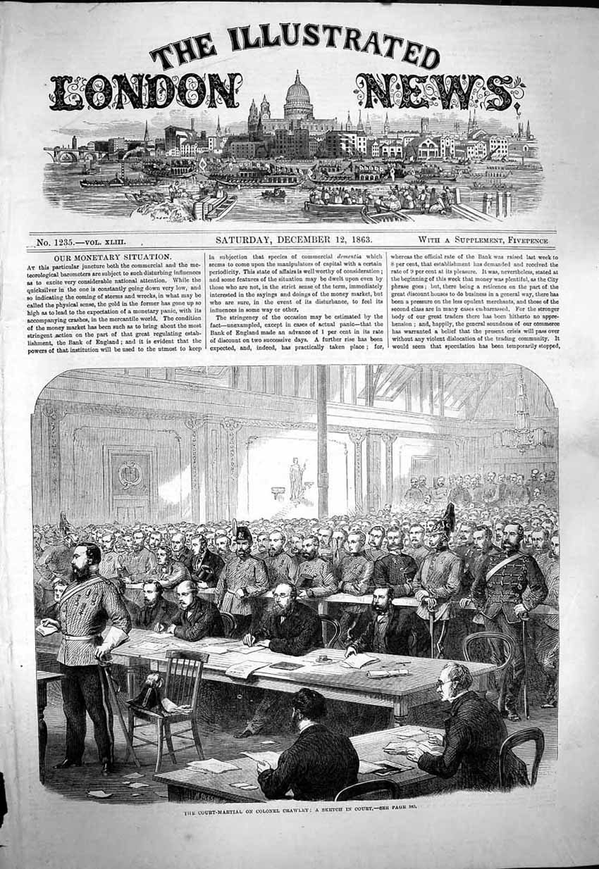 Original Old Antique Print 1863 Court-Martial Colonel Crawley Court Scene 19th