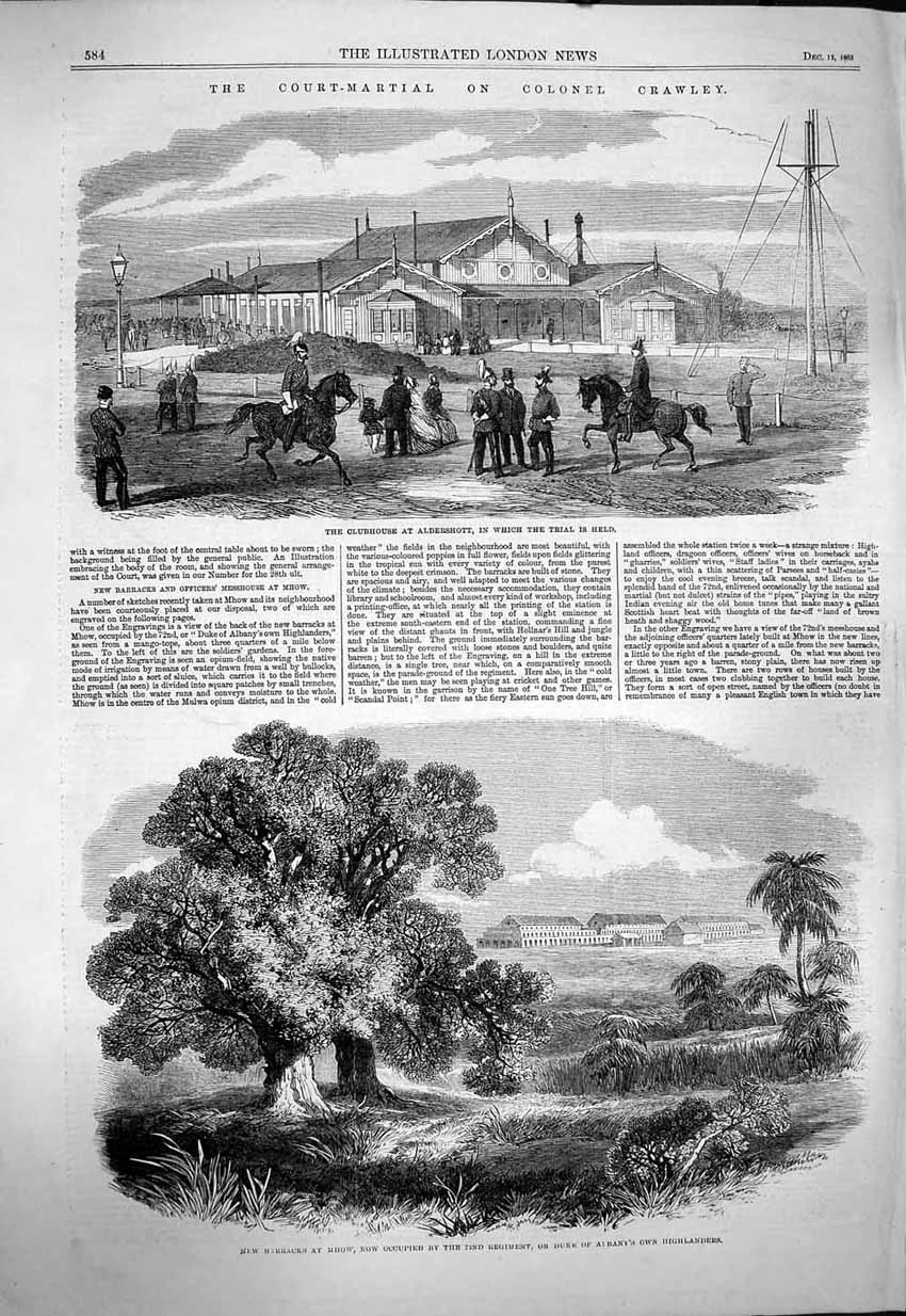 Original Old Antique Print 1863 Court-Martial Colonel Crawley Barracks Mhow