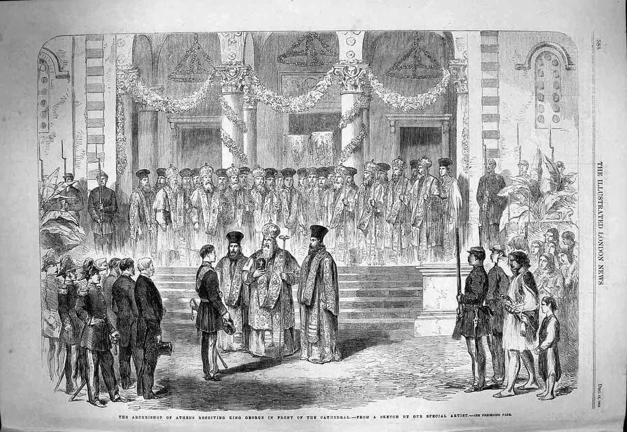 Original Old Antique Print 1863 Archbishop Athens King George Front Cathedral