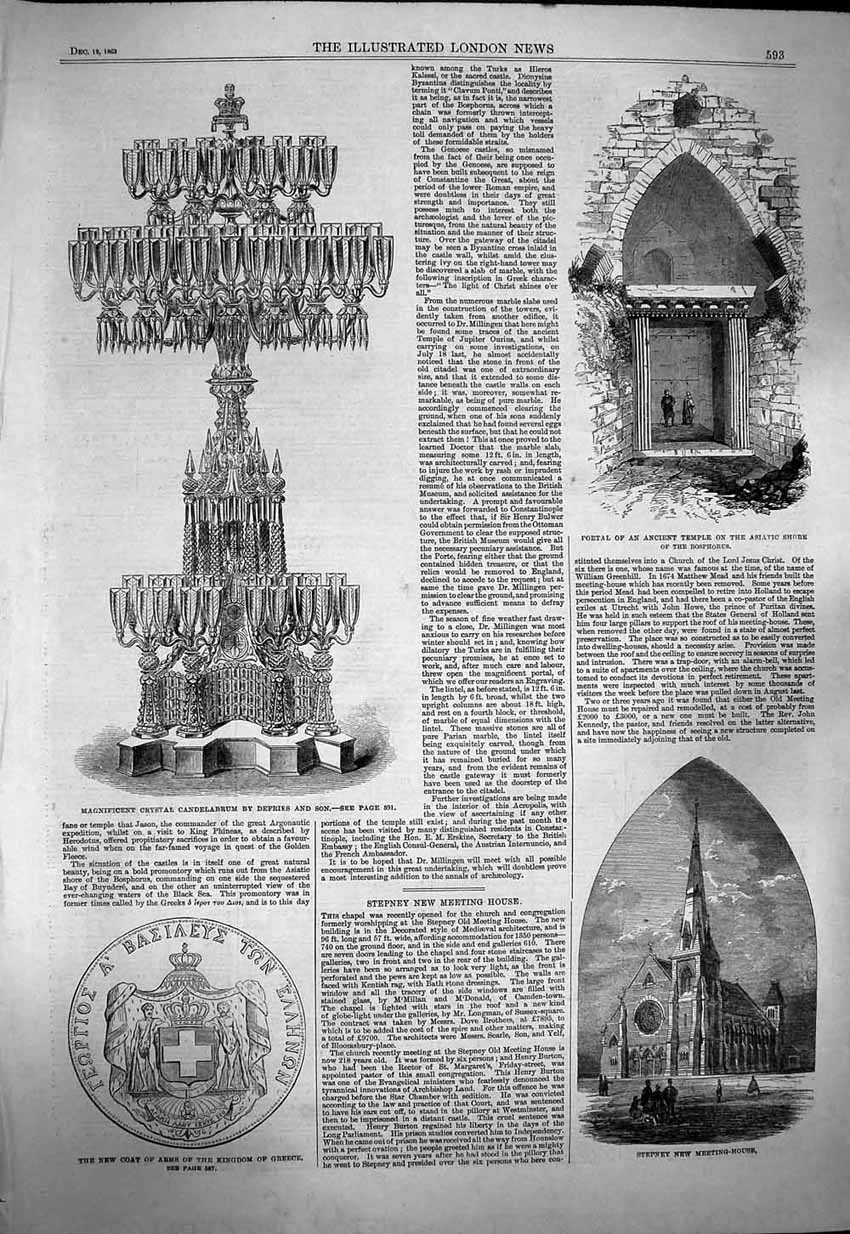 Old Antique Print 1863 Crystal Candelabrum Defries Temple Stepney Meeting 19th