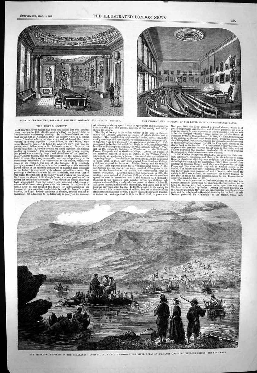 Original Old Antique Print 1863 Lord Elgin Himalayas Mussucks Burlington Crane