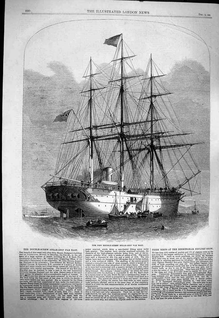 Old Antique Print 1863 Double Screw Steam Ship Far East Dudgeon Milwall 19th