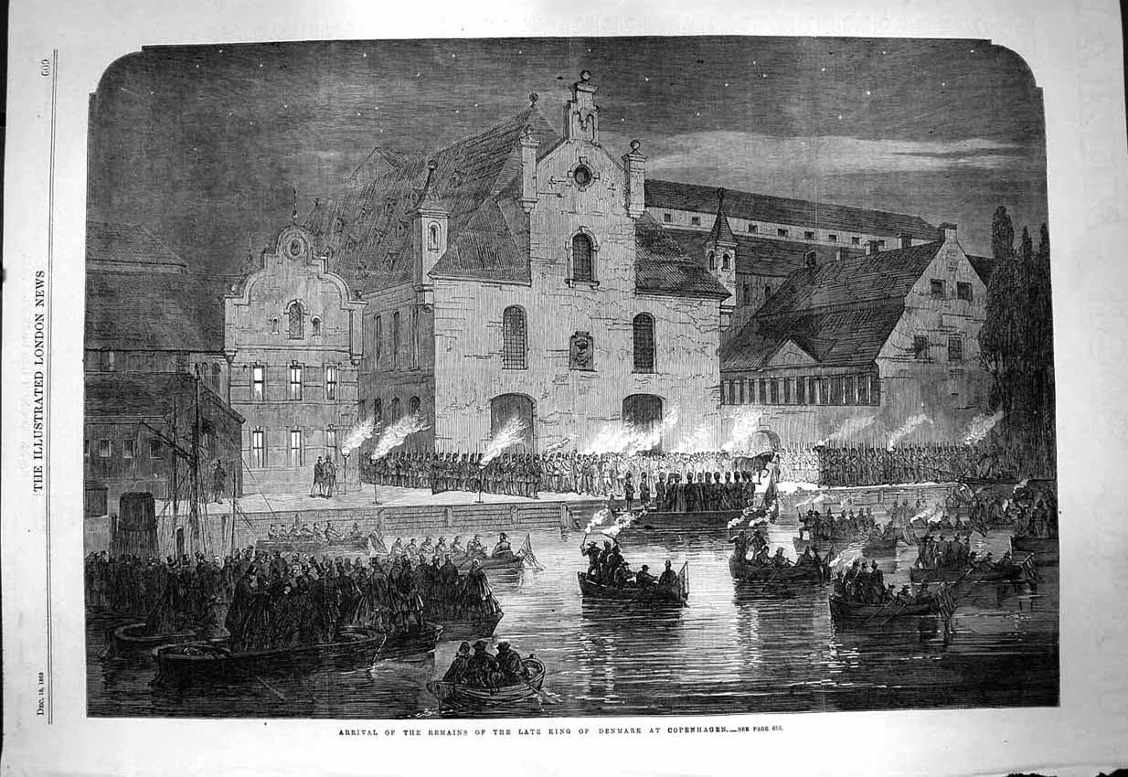 Original Old Antique Print 1863 Arrival Remains Late King Denmark Copenhagen