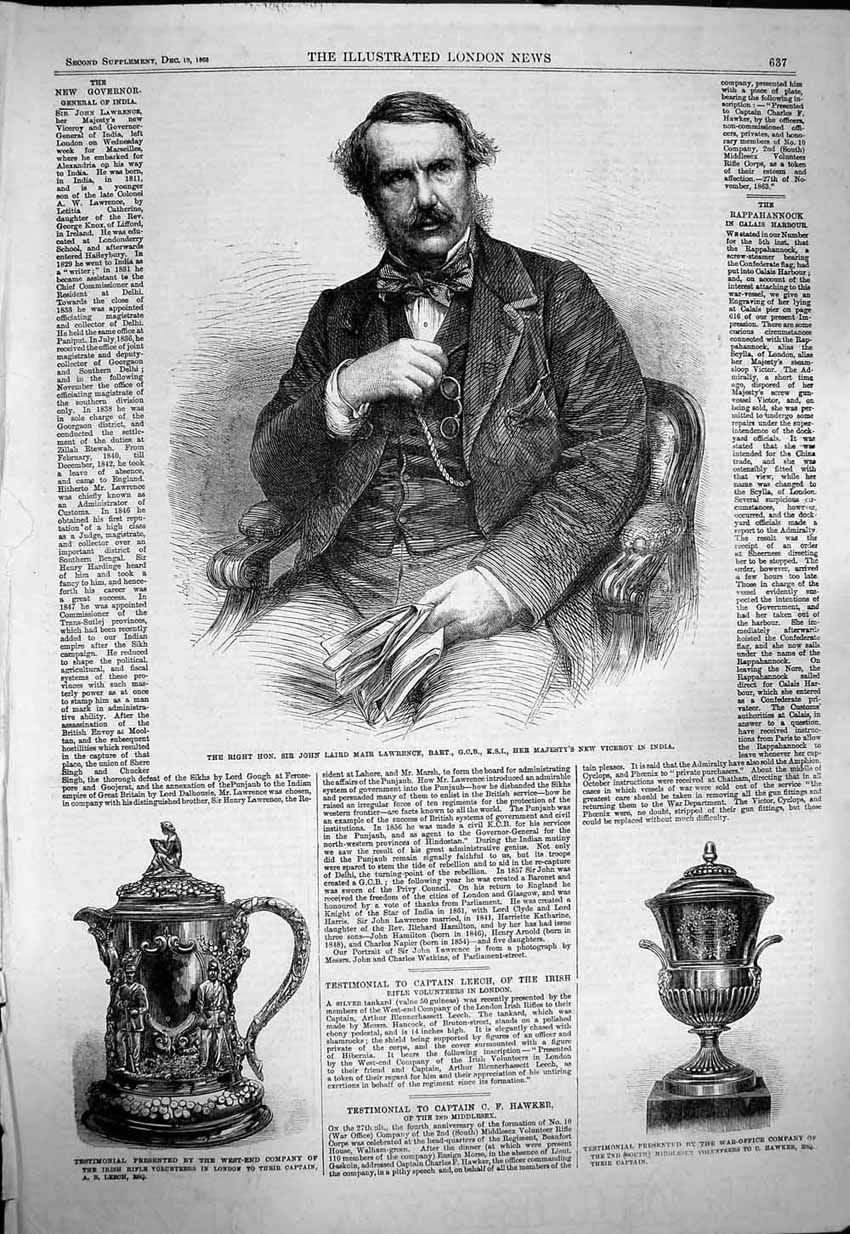 Original Old Antique Print 1863 John Laird Mair Lawrence Bart Testimonial Rifle